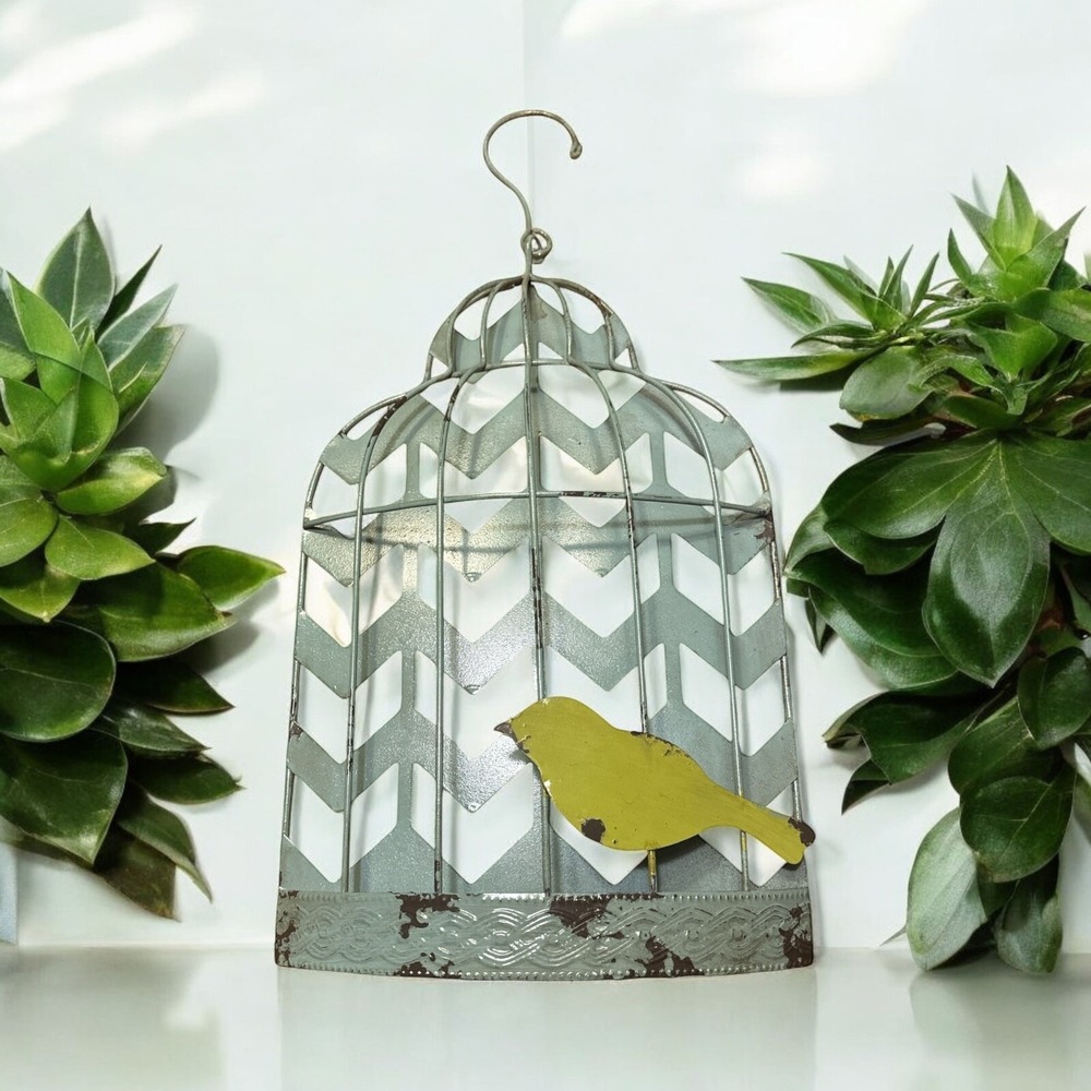 Bird Cage Green Distressed Metal Wall Decor